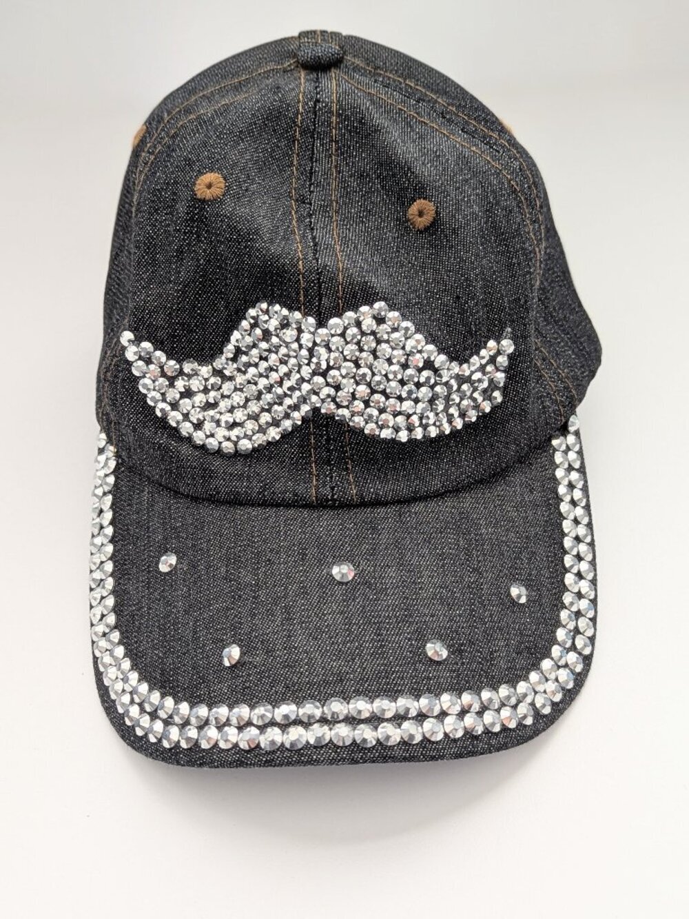 Women's Black Denim Glam Crystals/Rhinestones Mustache Adjustable Baseball Cap